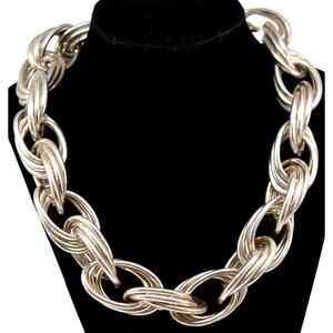 Italian 925 Silver Chain Statement Necklace • Triple Hoop • 18" • 153 Grams